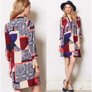Anthropologie Maeve Taryn Dress Crape Shift Size 0 Patchwork Paisley Colorblock